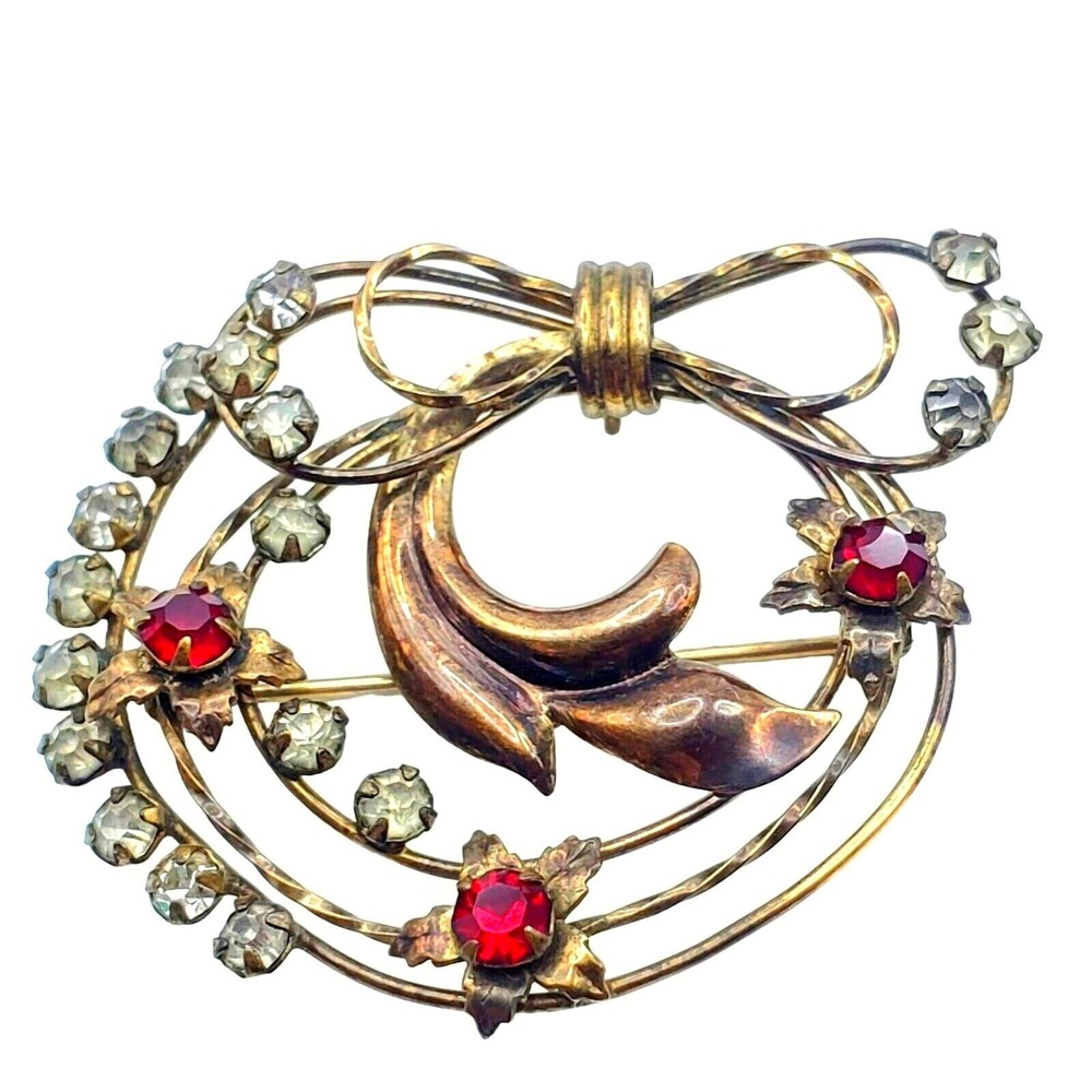 Red Rhinestone Brooch & Pendant Pin Ribbon Star Celestial TK Gold Filled Tru-Kay